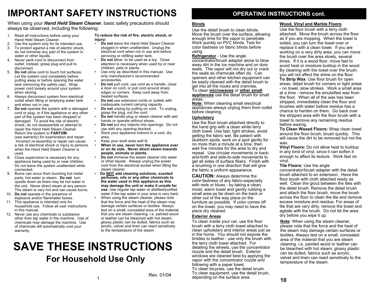 Save these instructions, Important safety instructions, For household use only | Operating instructions cont | Fantom Vacuum FANTOM STEAM CLEANER FC905 User Manual | Page 2 / 6