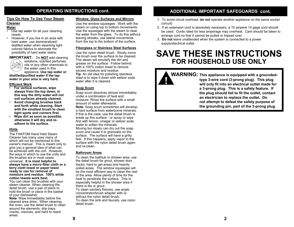 Save these instructions, For household use only, Warning | Fantom Vacuum FANTOM STEAM CLEANER FC905 User Manual | Page 3 / 6