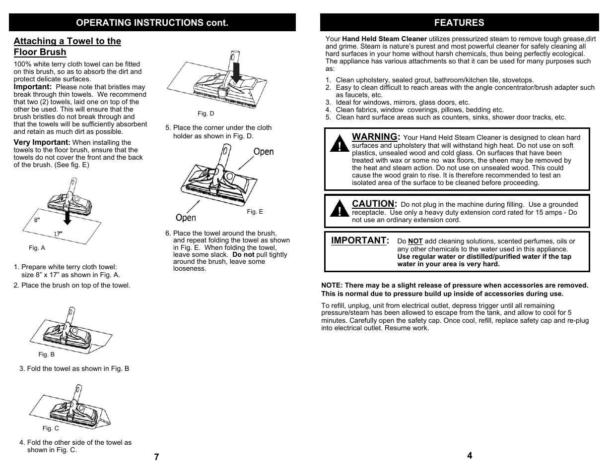 Operating instructions cont. features, Attaching a towel to the floor brush, Warning | Caution, Important | Fantom Vacuum FANTOM STEAM CLEANER FC905 User Manual | Page 5 / 6