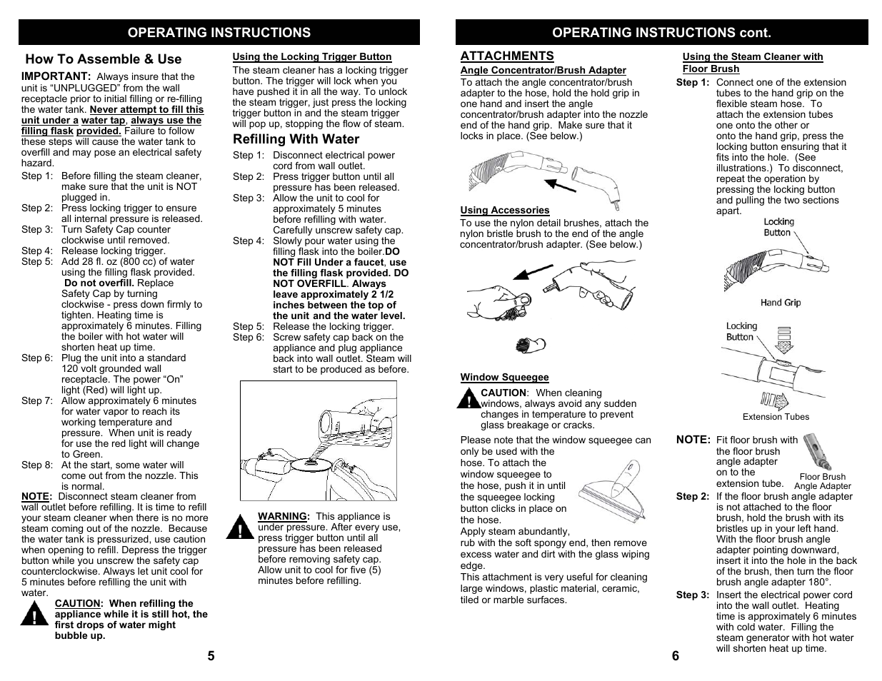 Operating instructions operating instructions cont, How to assemble & use refilling with water | Fantom Vacuum FANTOM STEAM CLEANER FC905 User Manual | Page 6 / 6