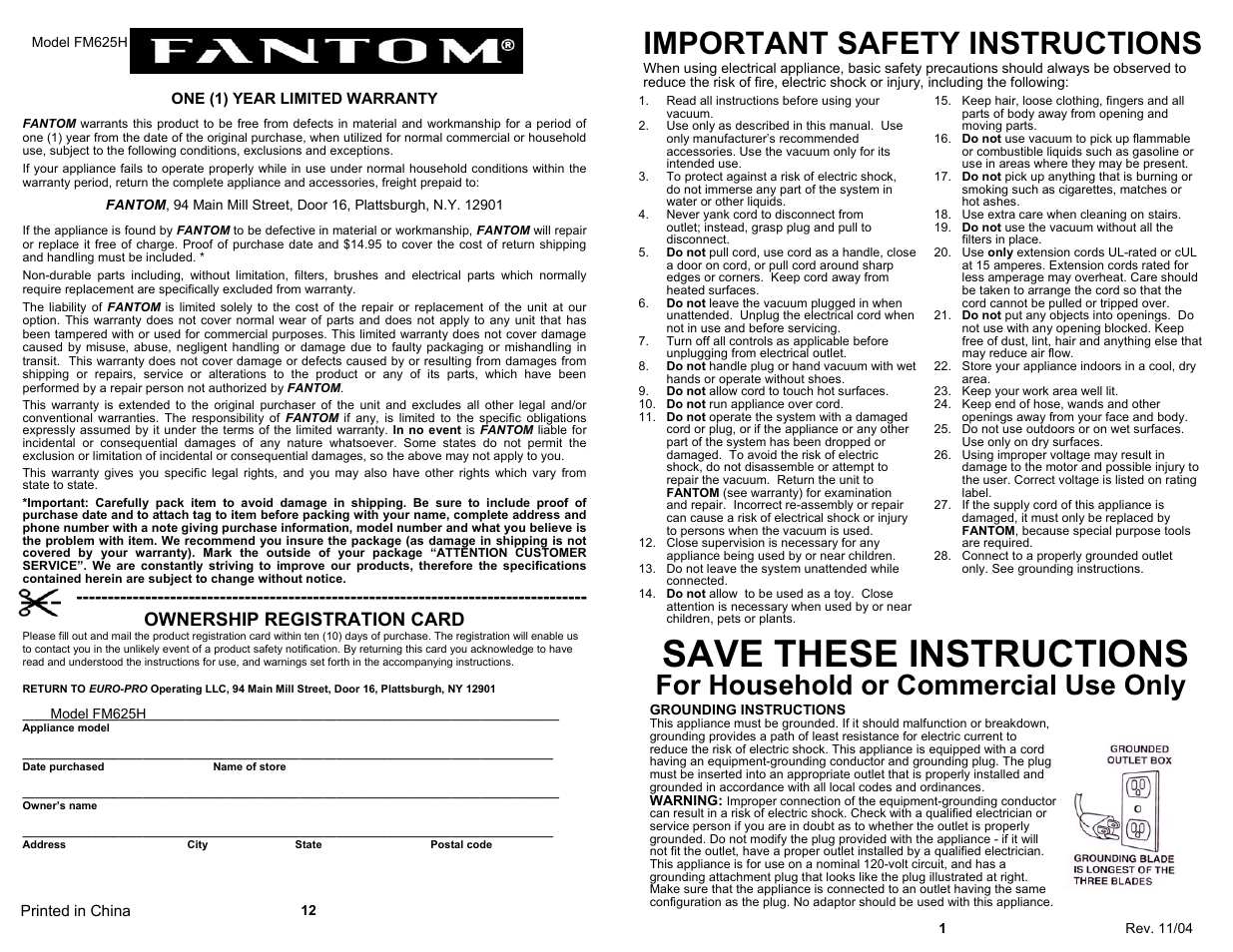 Save these instructions, Important safety instructions, For household or commercial use only | Ownership registration card | Fantom Vacuum FM625H User Manual | Page 3 / 8