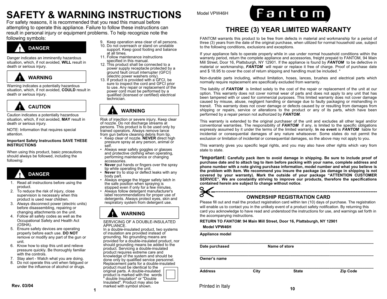 Safety & warning instructions, Three (3) year limited warranty | Fantom Vacuum VPW46H User Manual | Page 2 / 6