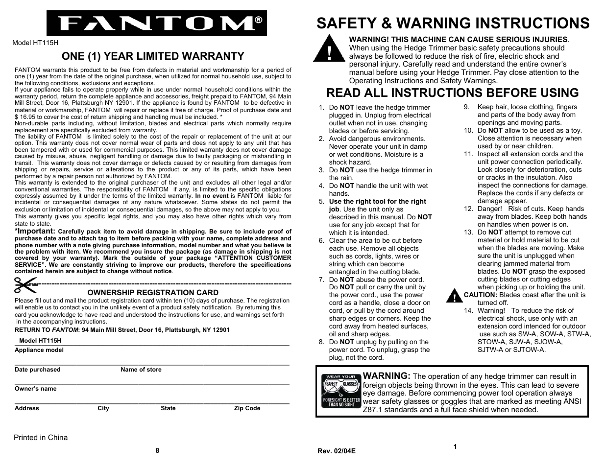 Safety & warning instructions, Read all instructions before using, One (1) year limited warranty | Warning | Fantom Vacuum HT115H User Manual | Page 3 / 6
