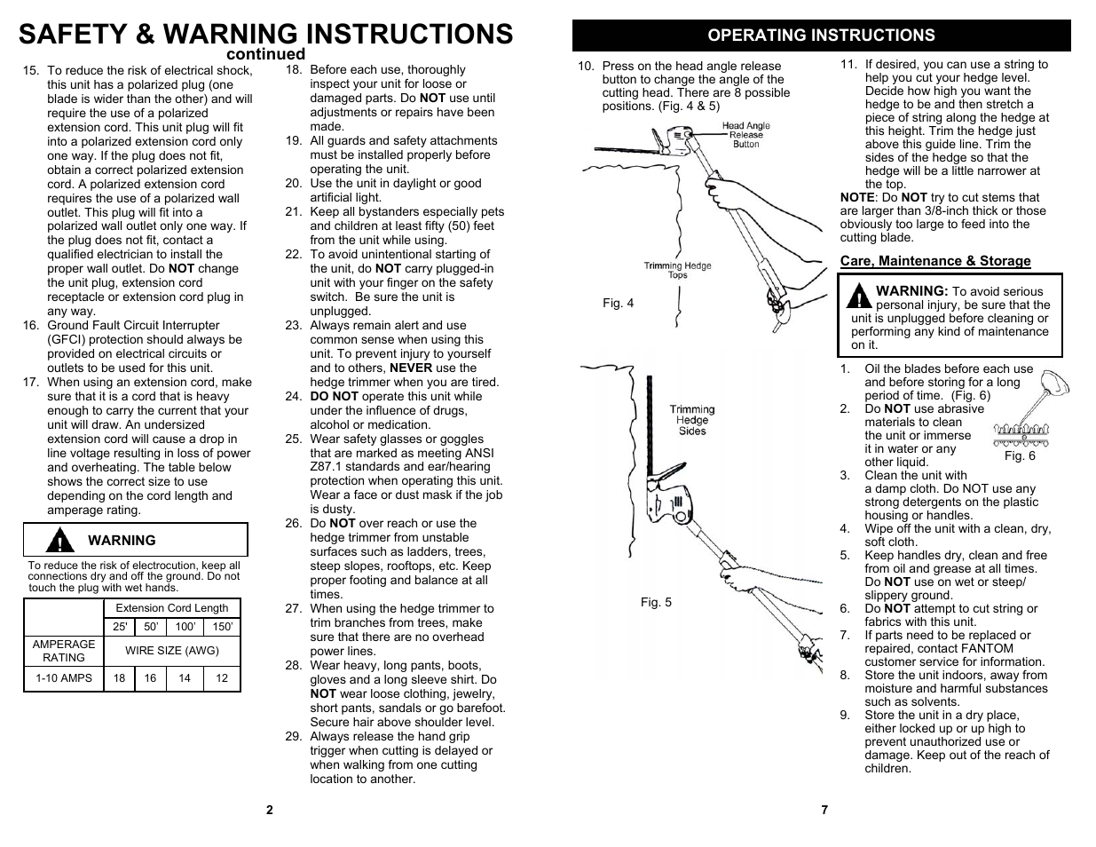 Safety & warning instructions, Continued operating instructions | Fantom Vacuum HT115H User Manual | Page 4 / 6