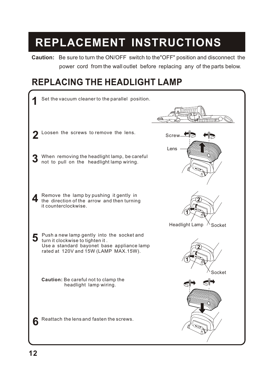 Т³гж 13, Replacement instructions, Replacing the headlight lamp | Fantom Vacuum FM741C User Manual | Page 14 / 19