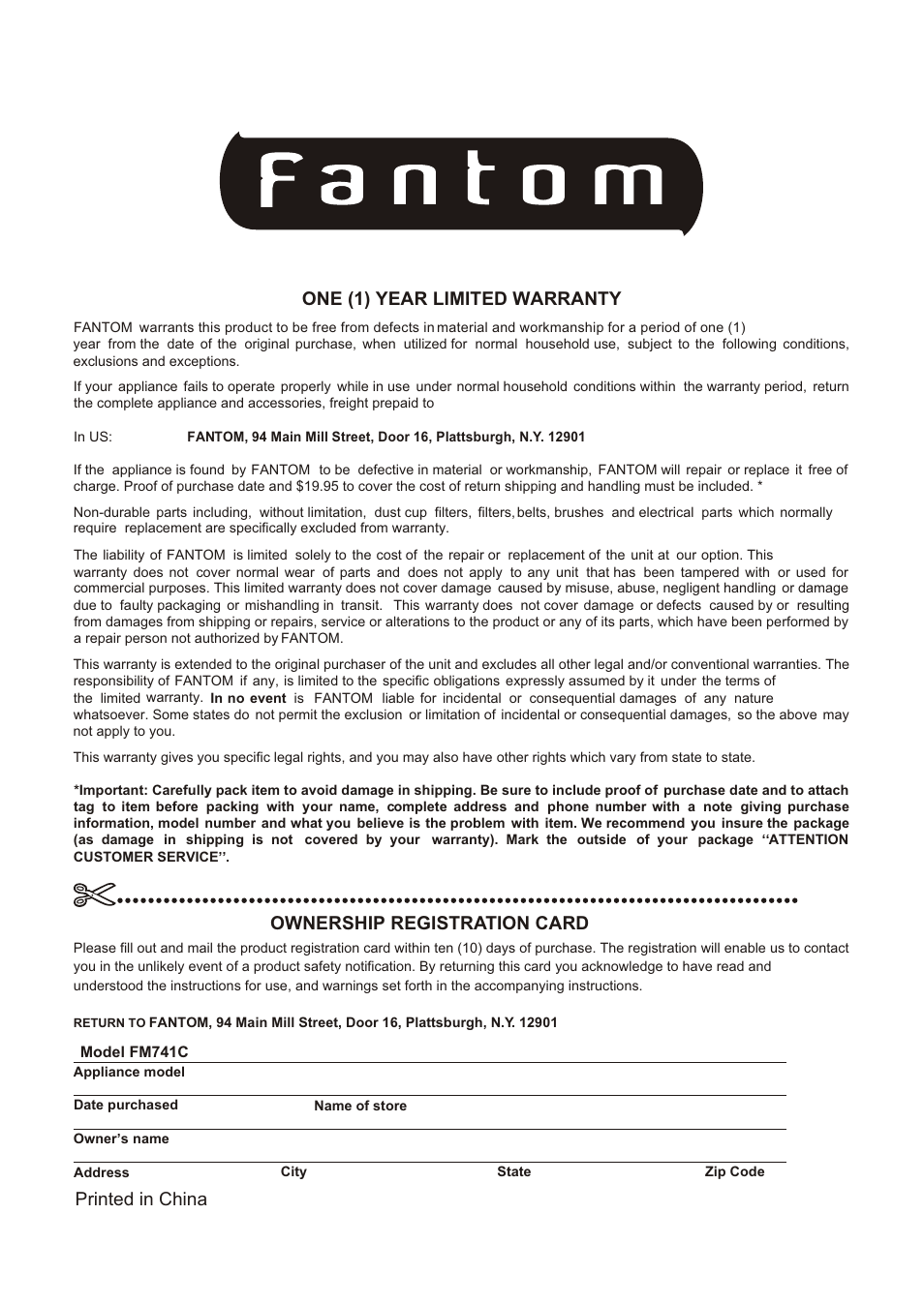 Т³гж 18, One (1) year limited warranty, Ownership registration card | Printed in china | Fantom Vacuum FM741C User Manual | Page 19 / 19