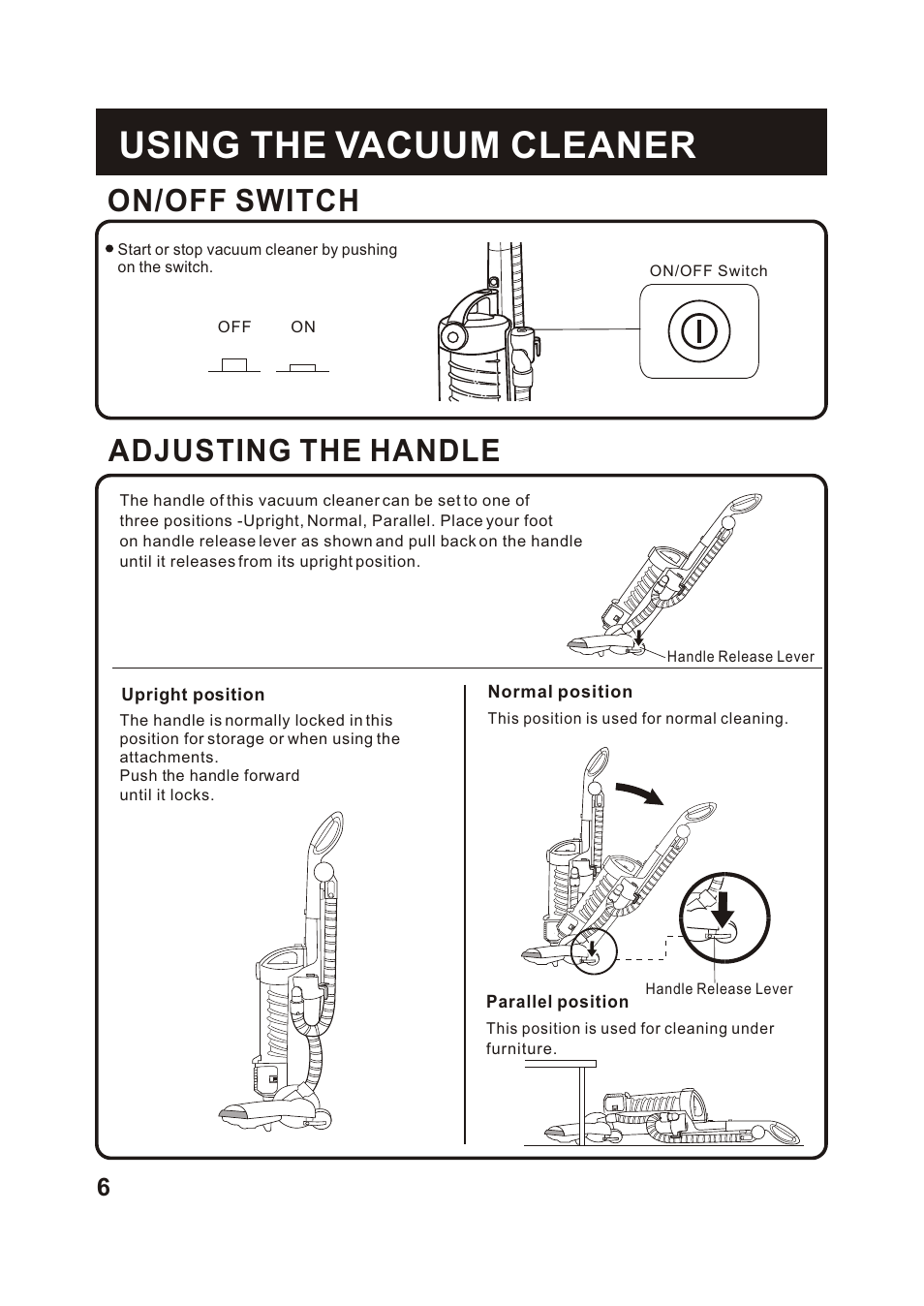 Т³гж 7, Using the vacuum cleaner, On/off switch | Adjusting the handle | Fantom Vacuum FM741C User Manual | Page 8 / 19