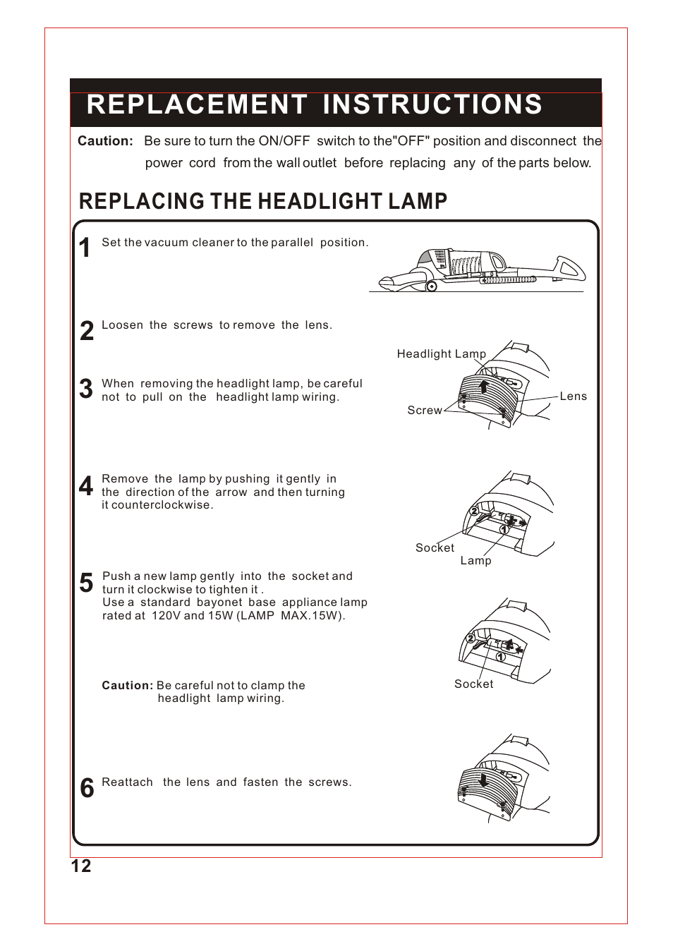 Т³гж 13, Replacement instructions, Replacing the headlight lamp | Fantom Vacuum FM740 B User Manual | Page 13 / 18