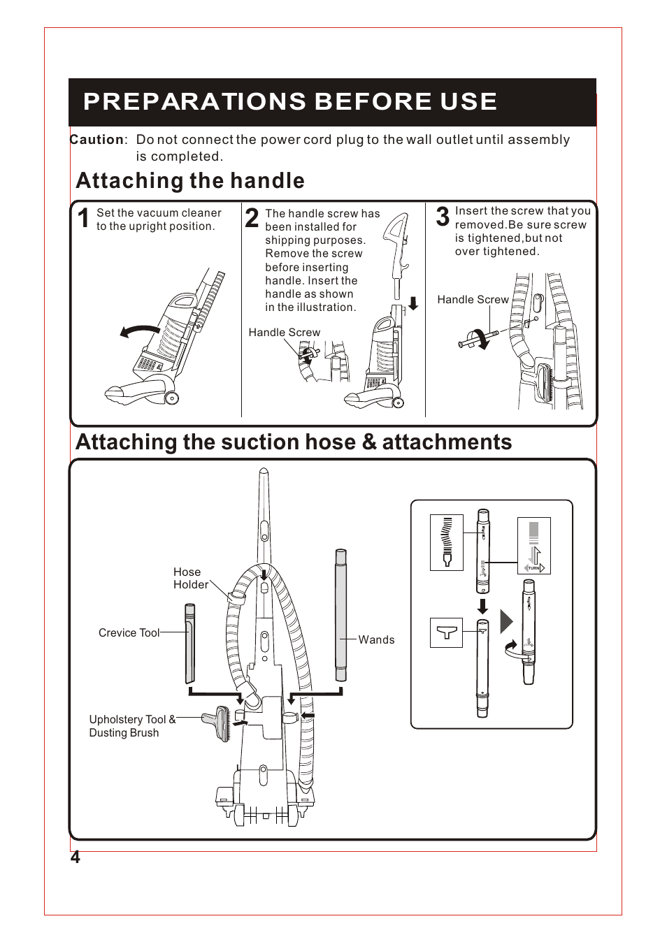 Т³гж 5, Preparations before use, Attaching the handle | Attaching the suction hose & attachments | Fantom Vacuum FM740 B User Manual | Page 5 / 18