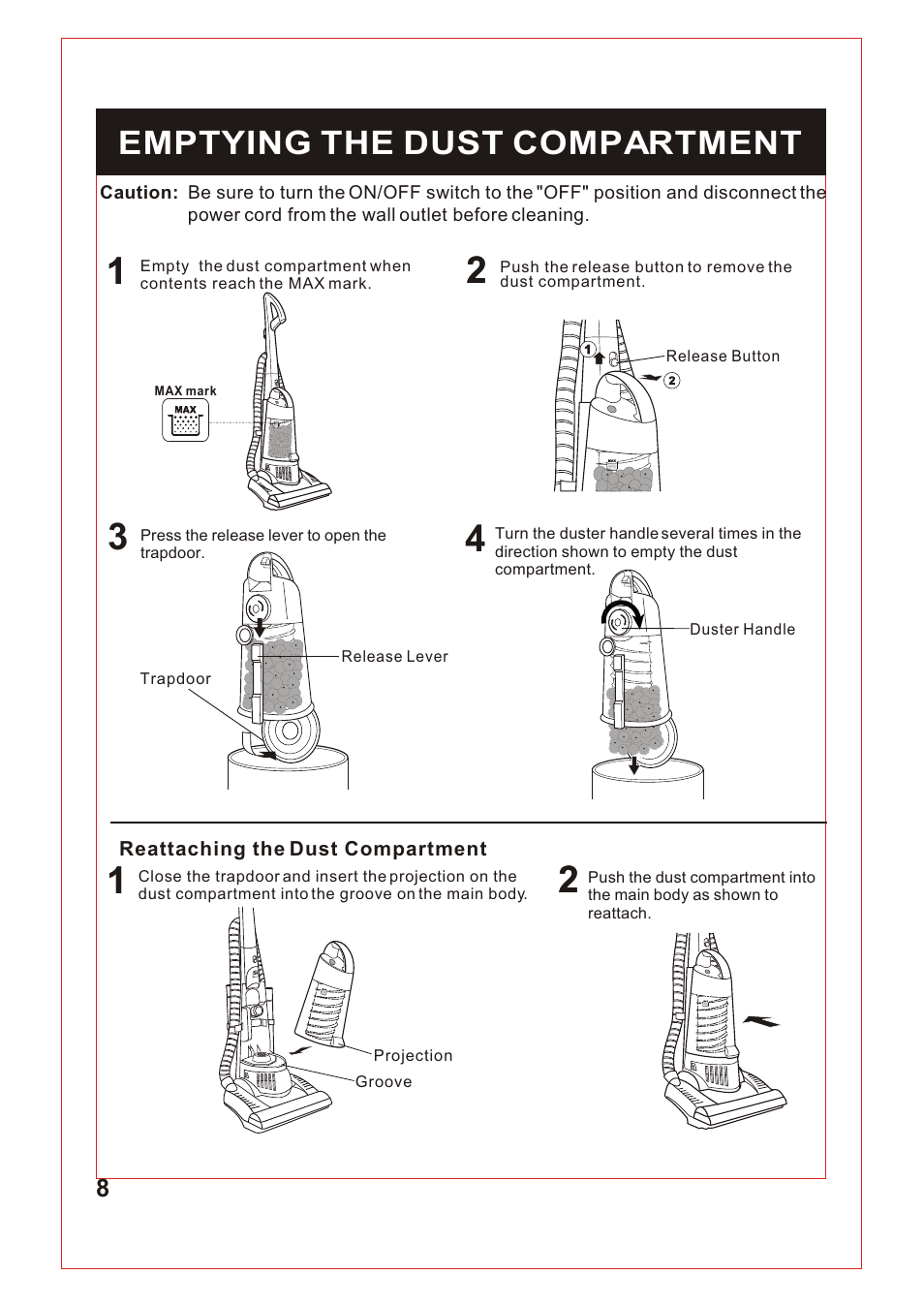 Т³гж 9, Emptying the dust compartment | Fantom Vacuum FM740 B User Manual | Page 9 / 18