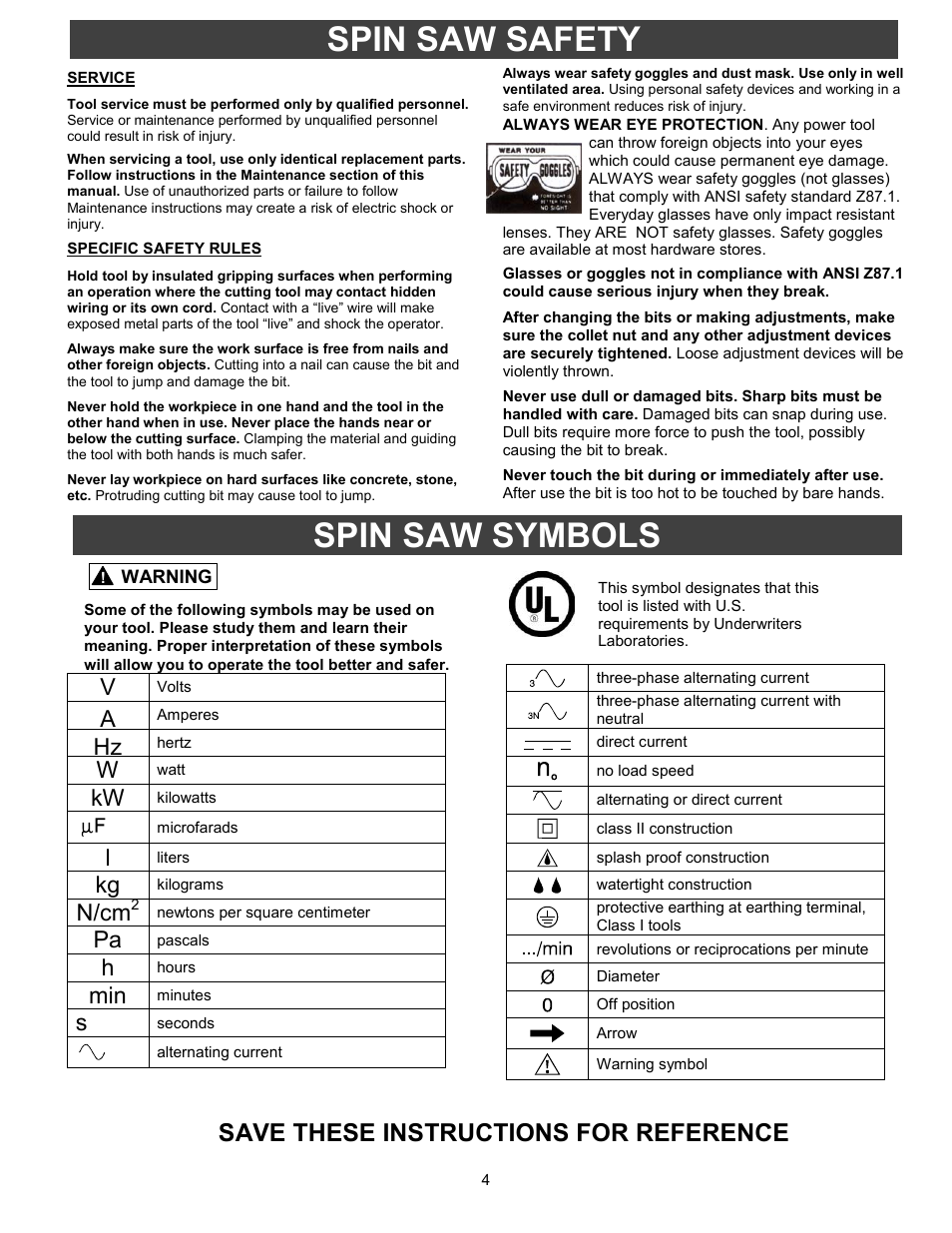Specific safety rules, Spin saw symbols, Spin saw safety | Save these instructions for reference, N/cm | Fantom Vacuum PT301H User Manual | Page 4 / 18