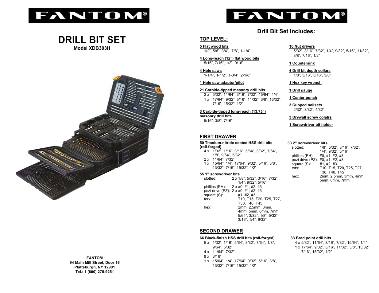 Fantom Vacuum DRILL BIT SET XDB303H User Manual | 2 pages