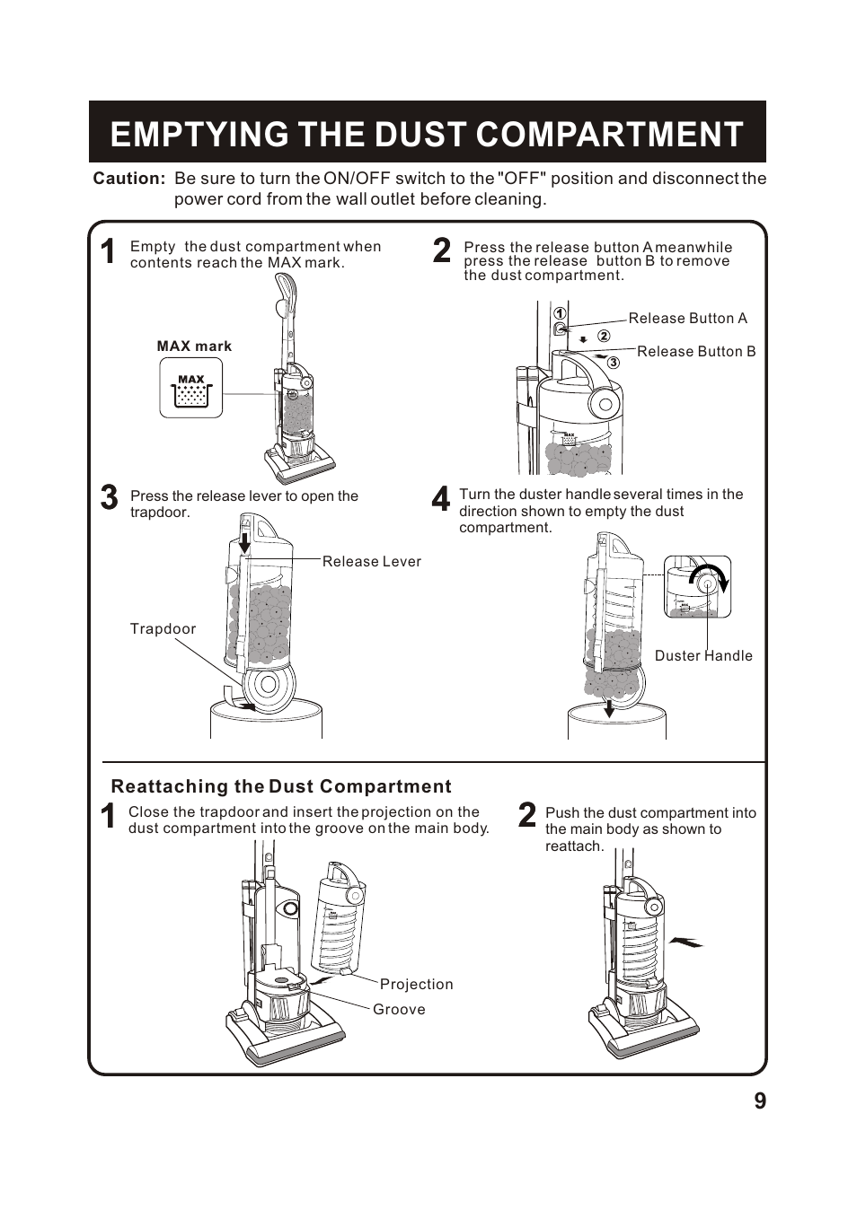 Т³гж 10, Emptying the dust compartment | Fantom Vacuum FM655CS User Manual | Page 11 / 19