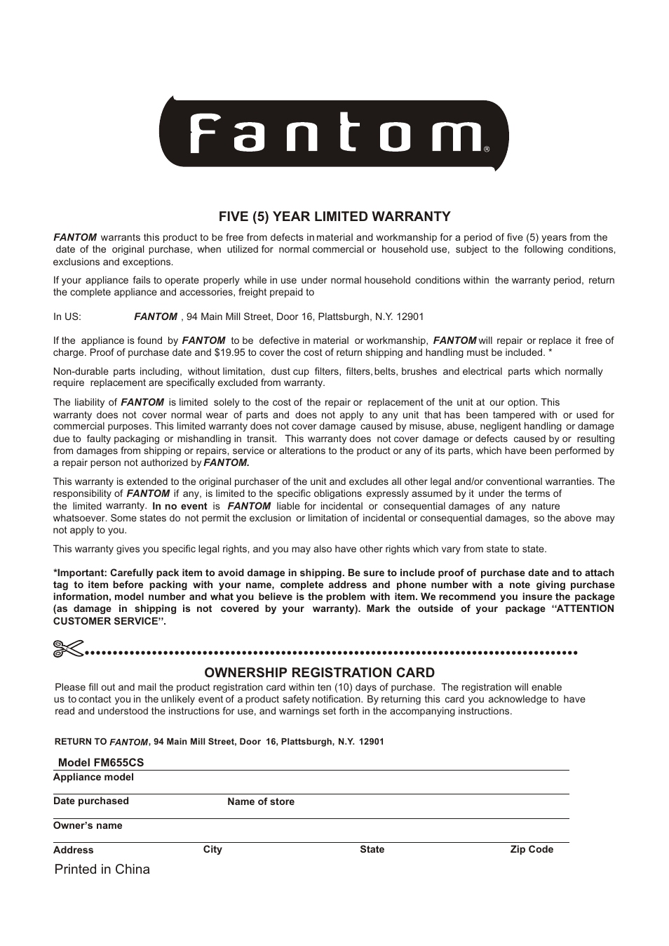 Т³гж 18, Ownership registration card, Five (5) year limited warranty | Printed in china | Fantom Vacuum FM655CS User Manual | Page 19 / 19