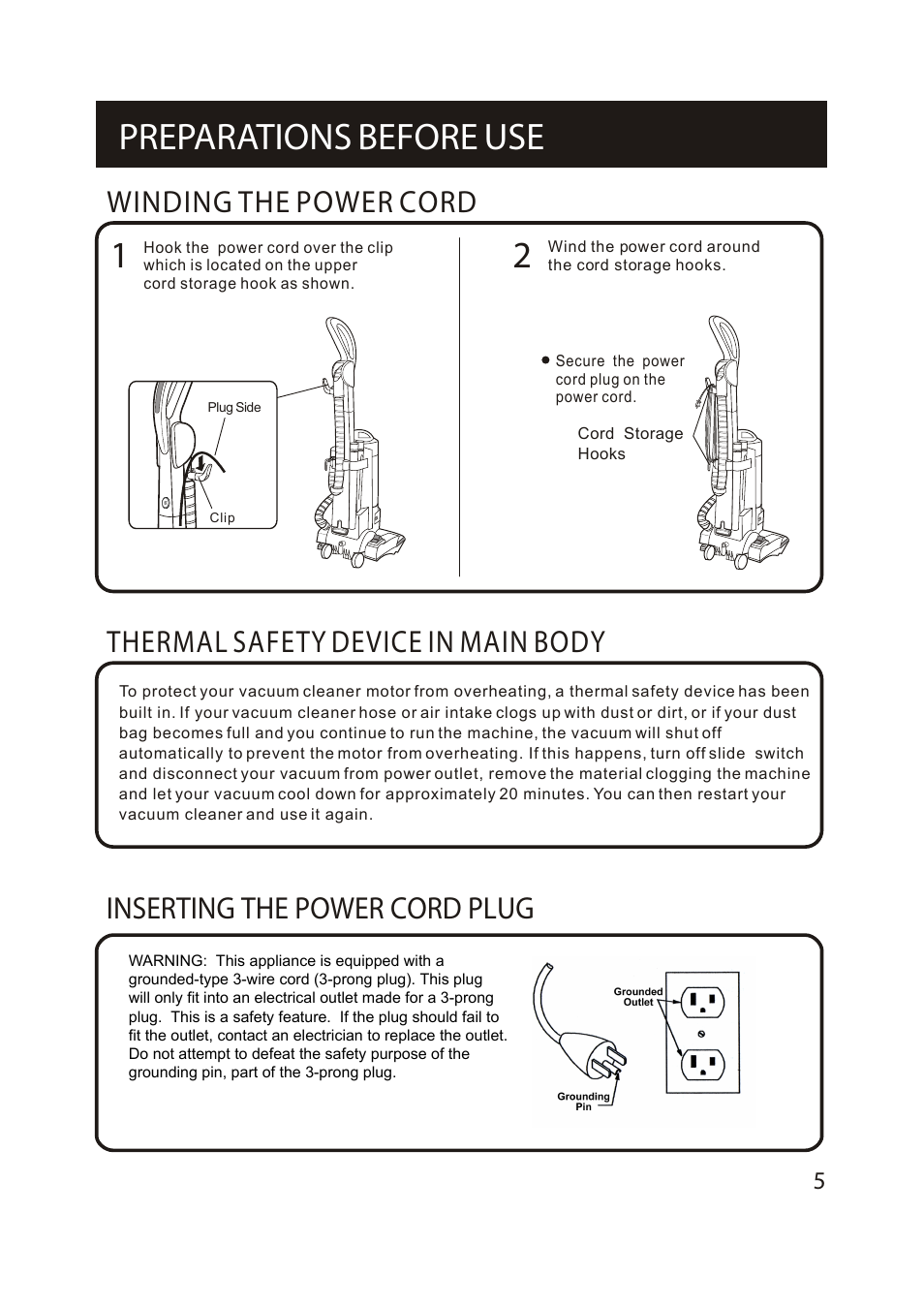 Т³гж 3, Preparations before use, Winding the power cord | Inserting the power cord plug, Thermal safety device in main body | Fantom Vacuum FM655CS User Manual | Page 7 / 19