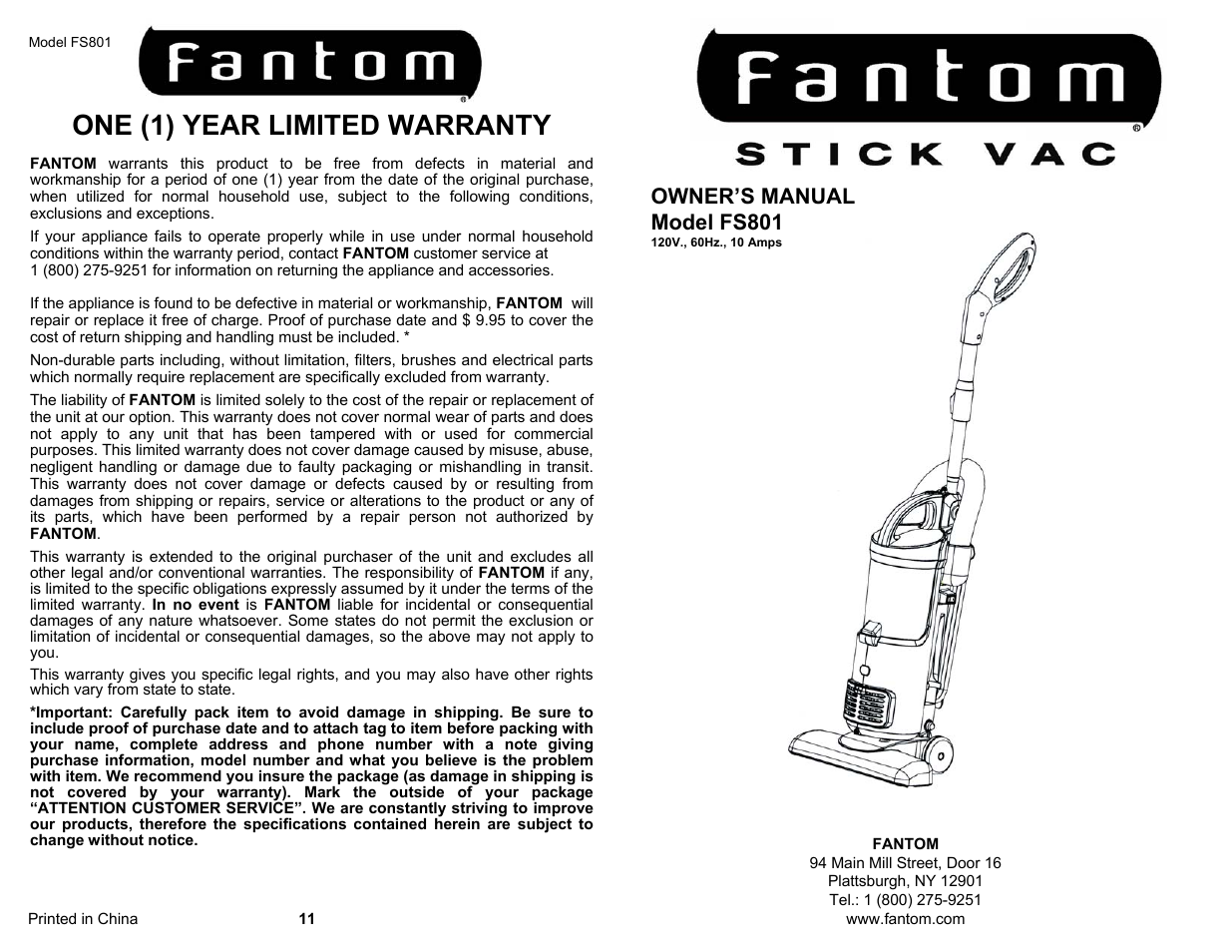 Fantom Vacuum FS801 User Manual | 6 pages