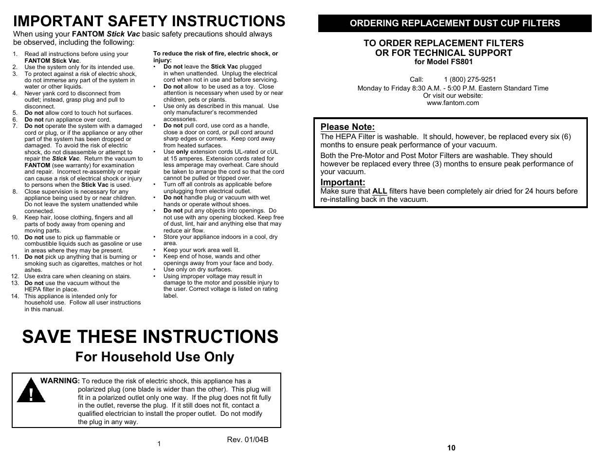 Save these instructions, Important safety instructions, For household use only | Ordering replacement dust cup filters, Important | Fantom Vacuum FS801 User Manual | Page 2 / 6