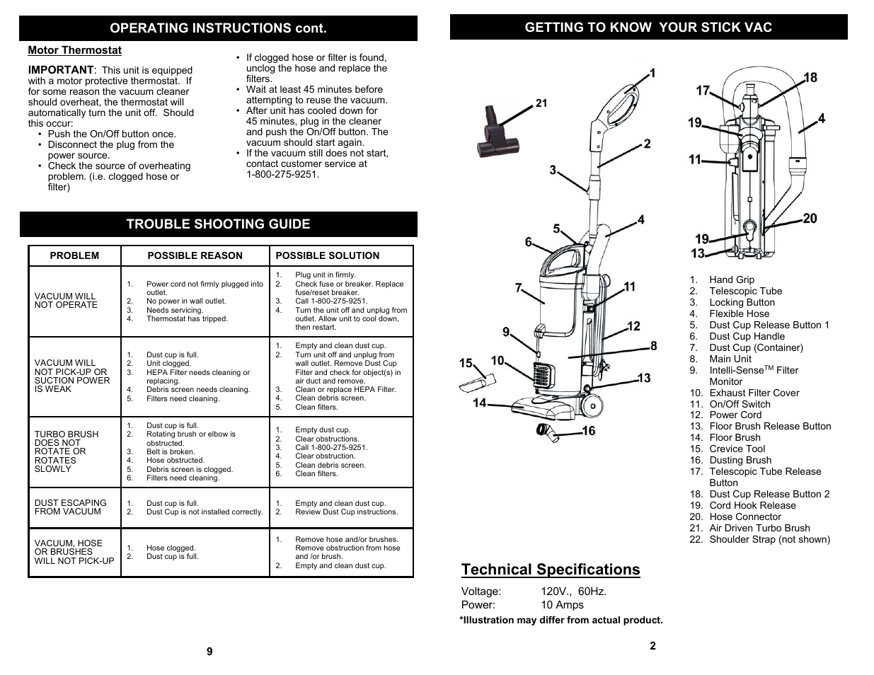 Technical specifications, Trouble shooting guide | Fantom Vacuum FS801 User Manual | Page 3 / 6