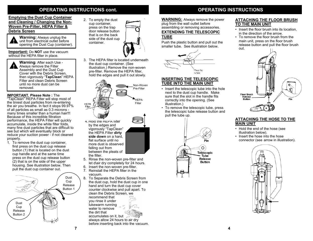 Operating instructions operating instructions cont | Fantom Vacuum FS801 User Manual | Page 5 / 6