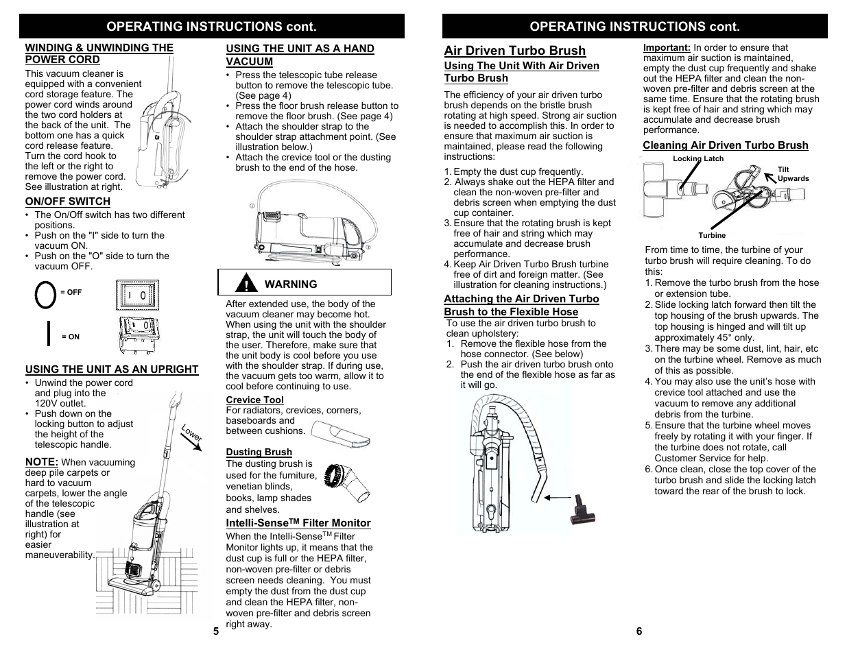 Operating instructions cont, Air driven turbo brush | Fantom Vacuum FS801 User Manual | Page 6 / 6