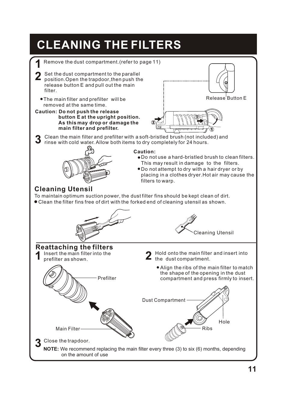 Т³гж 12, 1cleaning the filters 2 | Fantom Vacuum FM766HG User Manual | Page 12 / 19