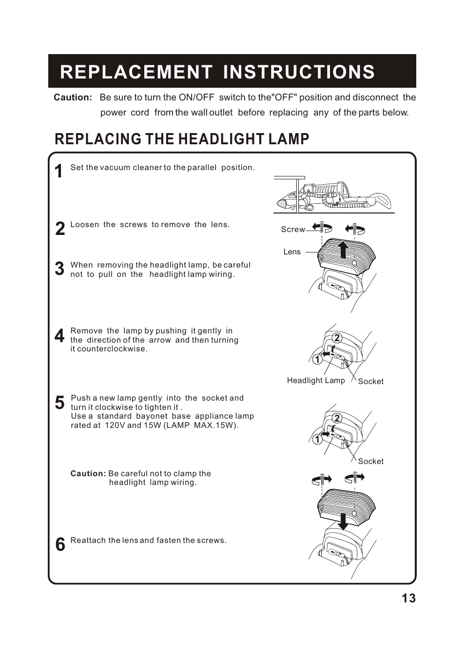 Т³гж 14, Replacement instructions, Replacing the headlight lamp | Fantom Vacuum FM766HG User Manual | Page 14 / 19