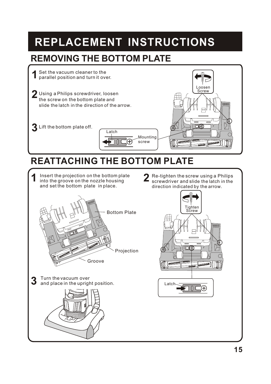 Т³гж 16, 1replacement instructions, Removing the bottom plate | Reattaching the bottom plate | Fantom Vacuum FM766HG User Manual | Page 16 / 19