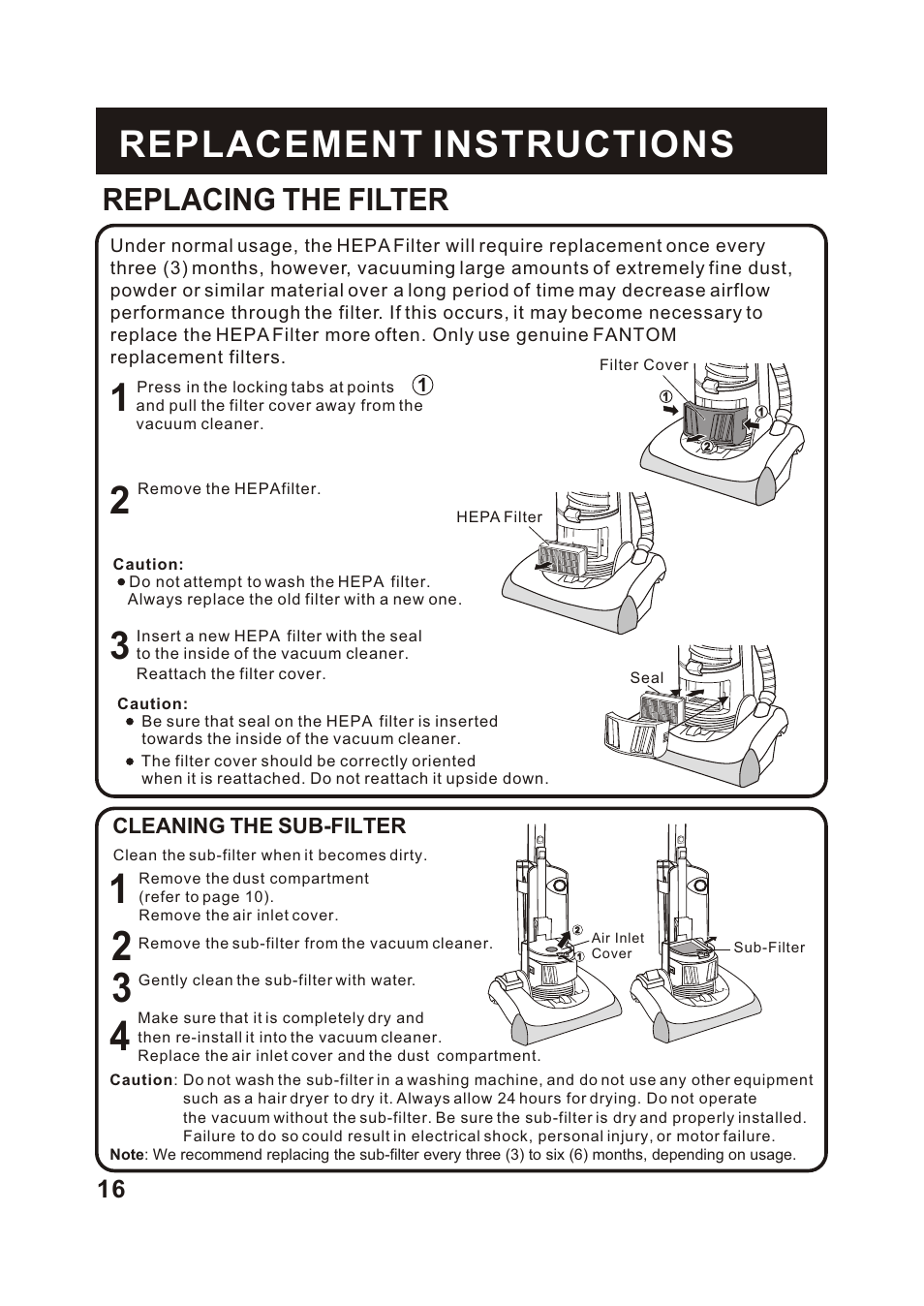 Т³гж 17, Replacement instructions, Replacing the filter | Cleaning the sub-filter | Fantom Vacuum FM766HG User Manual | Page 17 / 19