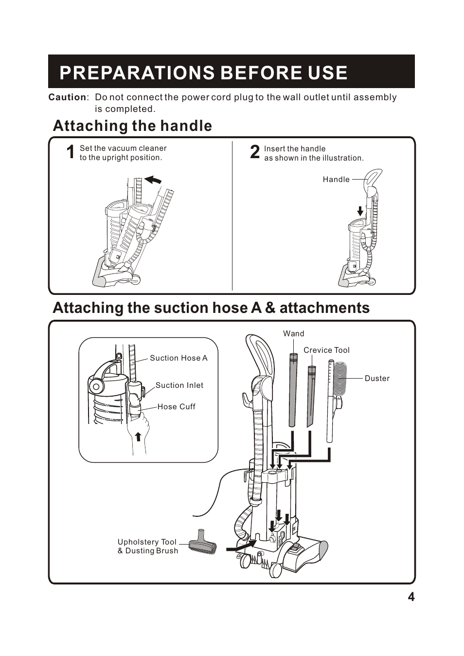 Т³гж 5, Preparations before use, Attaching the handle | Attaching the suction hose a & attachments | Fantom Vacuum FM766HG User Manual | Page 5 / 19