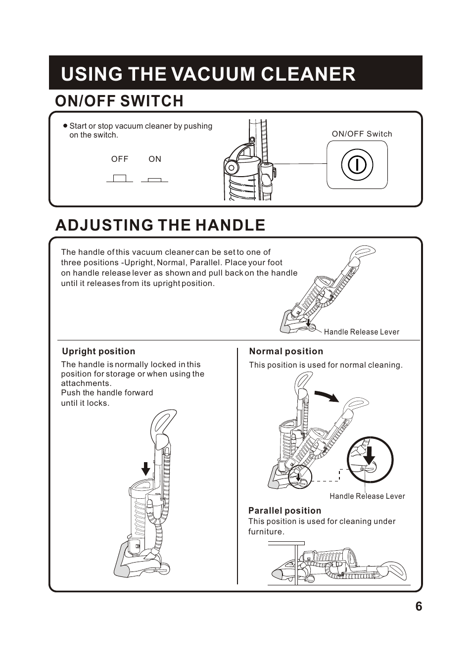 Т³гж 7, Using the vacuum cleaner, Adjusting the handle | On/off switch | Fantom Vacuum FM766HG User Manual | Page 7 / 19