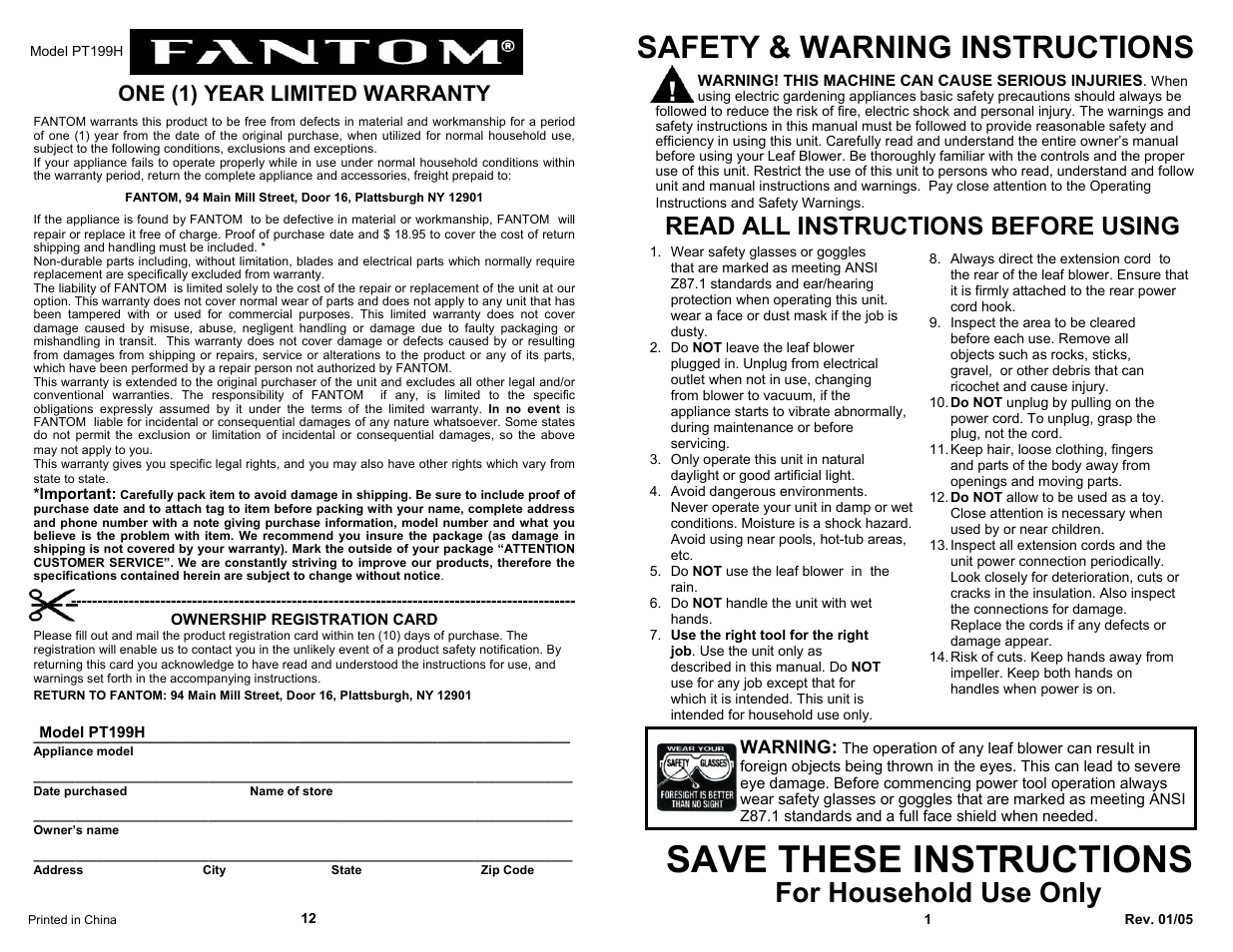 Save these instructions, Safety & warning instructions, For household use only | Read all instructions before using, One (1) year limited warranty, Warning | Fantom Vacuum PT199H User Manual | Page 3 / 8