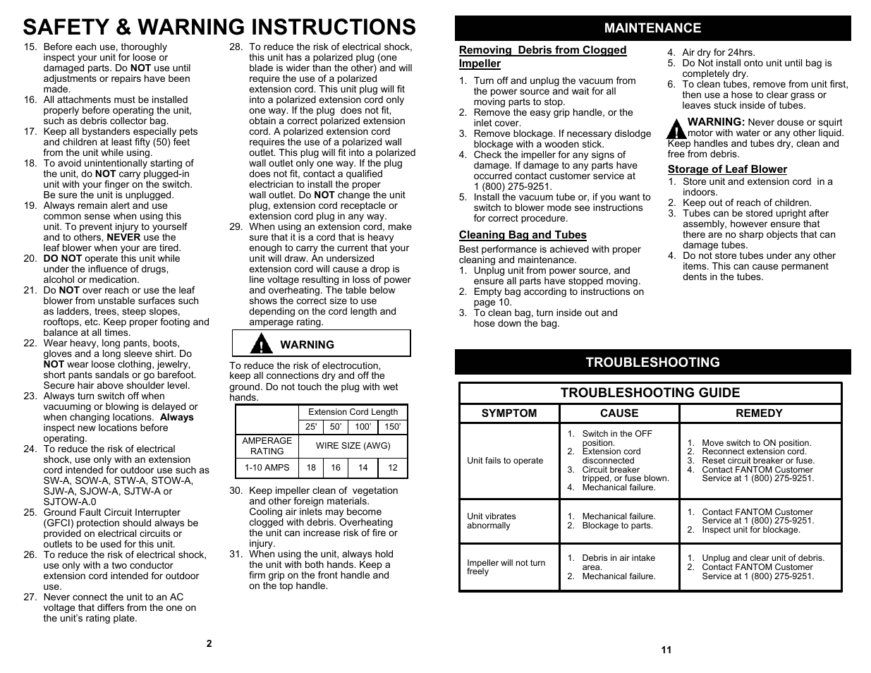 Safety & warning instructions, Maintenance, Troubleshooting | Troubleshooting guide | Fantom Vacuum PT199H User Manual | Page 4 / 8