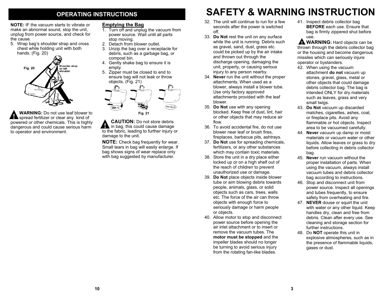 Safety & warning instruction, Operating instructions | Fantom Vacuum PT199H User Manual | Page 5 / 8