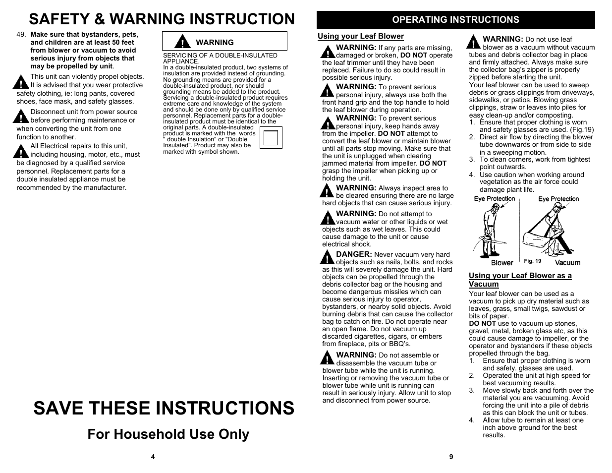 Save these instructions, Safety & warning instruction, For household use only | Operating instructions | Fantom Vacuum PT199H User Manual | Page 6 / 8