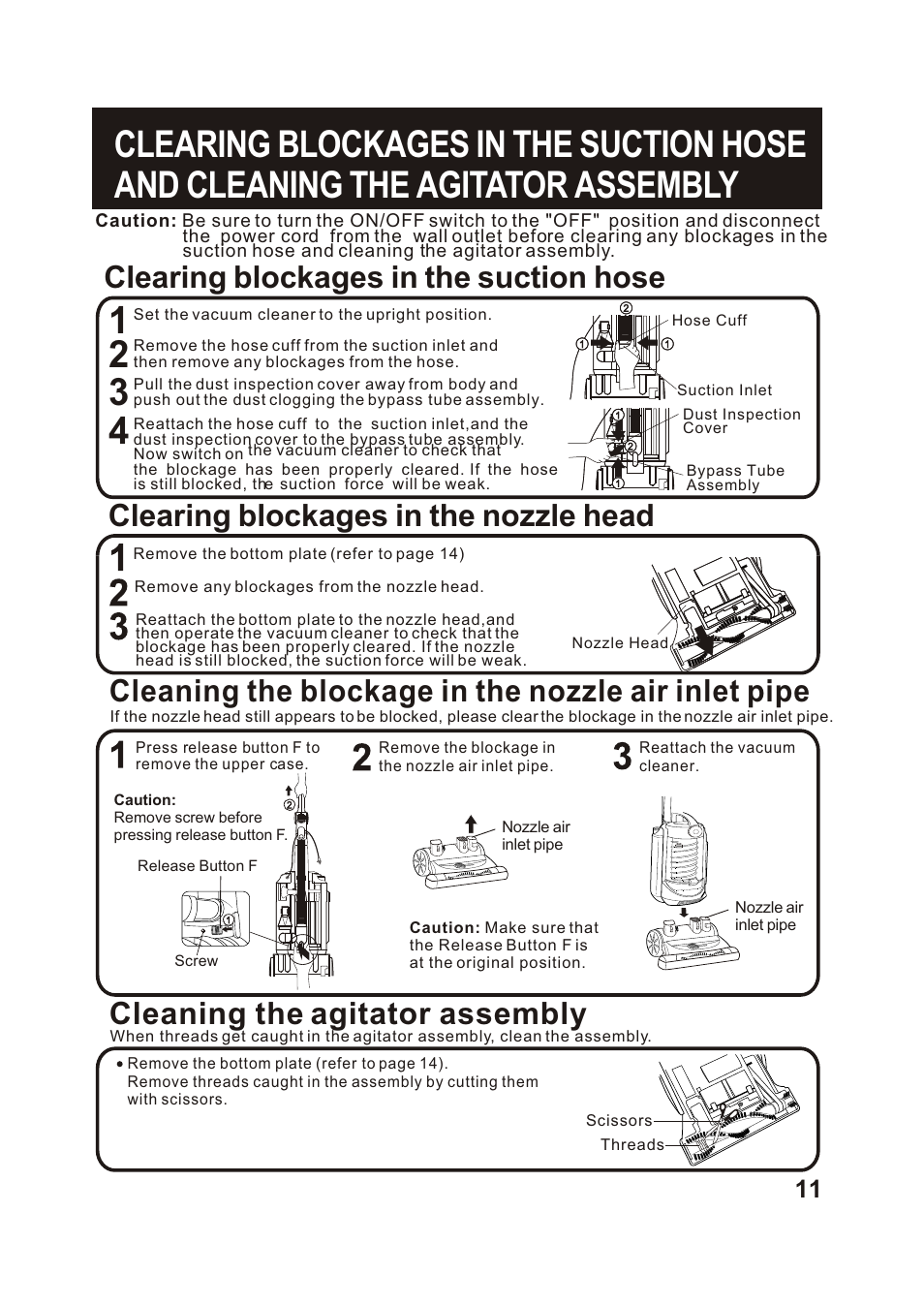 Т³гж 12, Cleaning the blockage in the nozzle air inlet pipe, Clearing blockages in the suction hose | Cleaning the agitator assembly, Clearing blockages in the nozzle head | Fantom Vacuum FM780 User Manual | Page 12 / 17