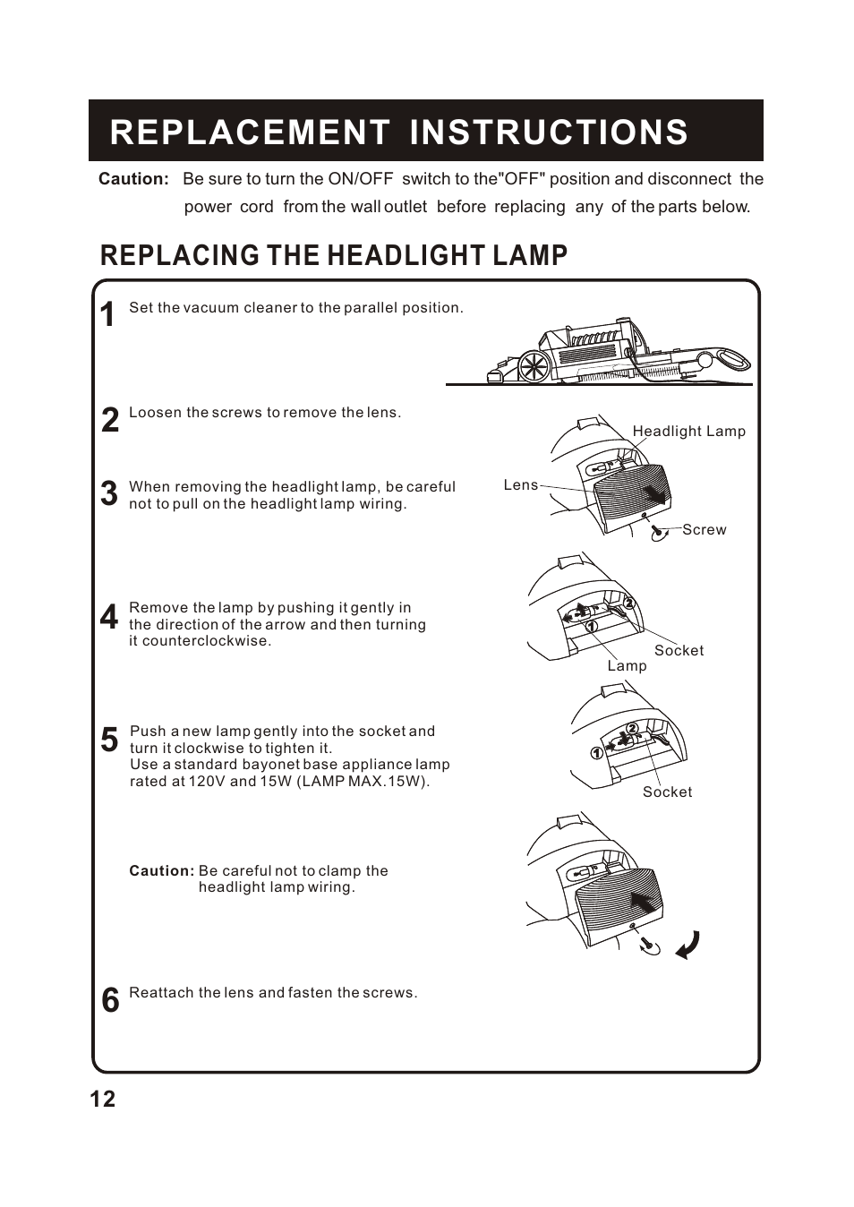 Т³гж 13, Replacement instructions, Replacing the headlight lamp | Fantom Vacuum FM780 User Manual | Page 13 / 17