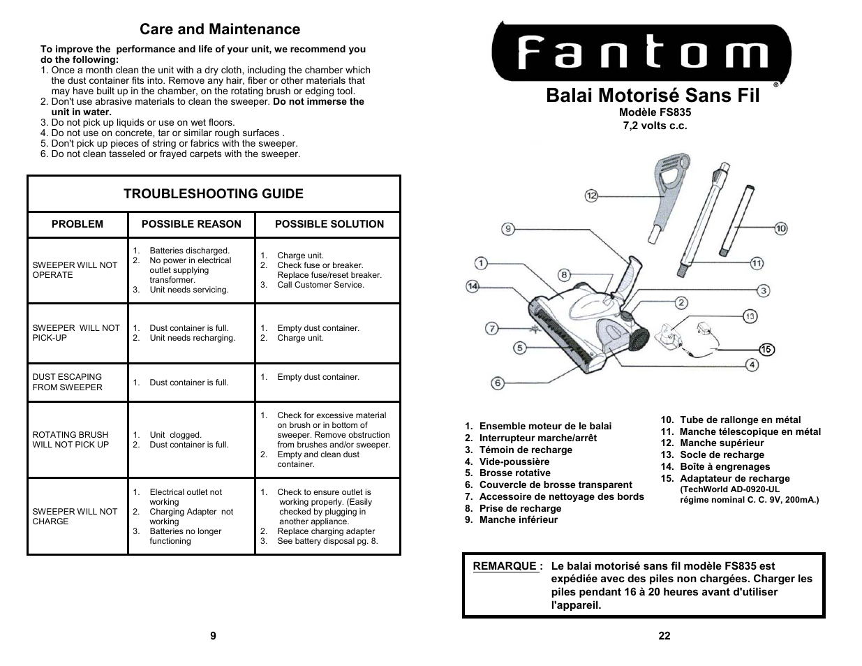 Balai motorisé sans fil, Care and maintenance, Troubleshooting guide | Fantom Vacuum FS835 User Manual | Page 10 / 16