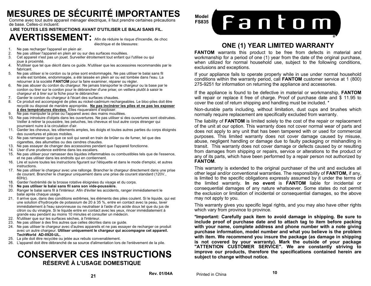 Avertissement, Conserver ces instructions, Mesures de sécurité importantes | One (1) year limited warranty, Réservé à l'usage domestique | Fantom Vacuum FS835 User Manual | Page 11 / 16