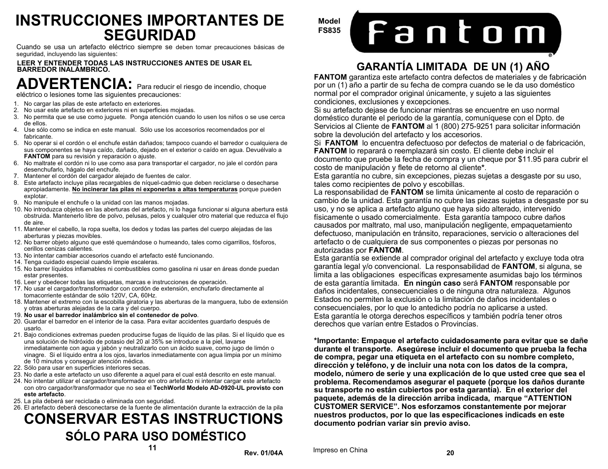 Instrucciones importantes de seguridad, Advertencia, Conservar estas instructions | Sólo para uso doméstico, Garantía limitada de un (1) año | Fantom Vacuum FS835 User Manual | Page 12 / 16