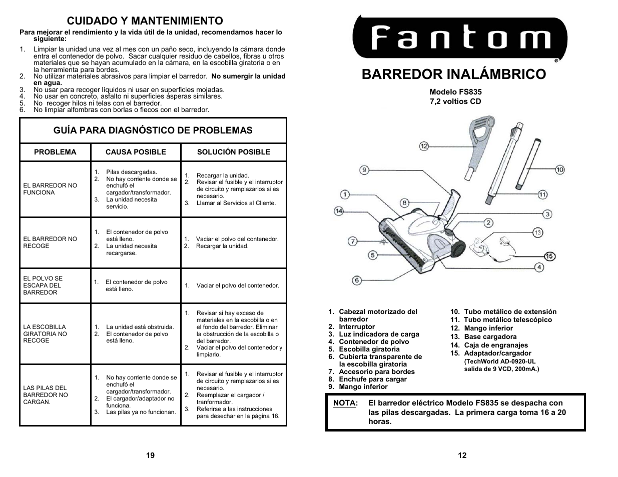 Barredor inalámbrico, Cuidado y mantenimiento, Guía para diagnóstico de problemas | Fantom Vacuum FS835 User Manual | Page 13 / 16