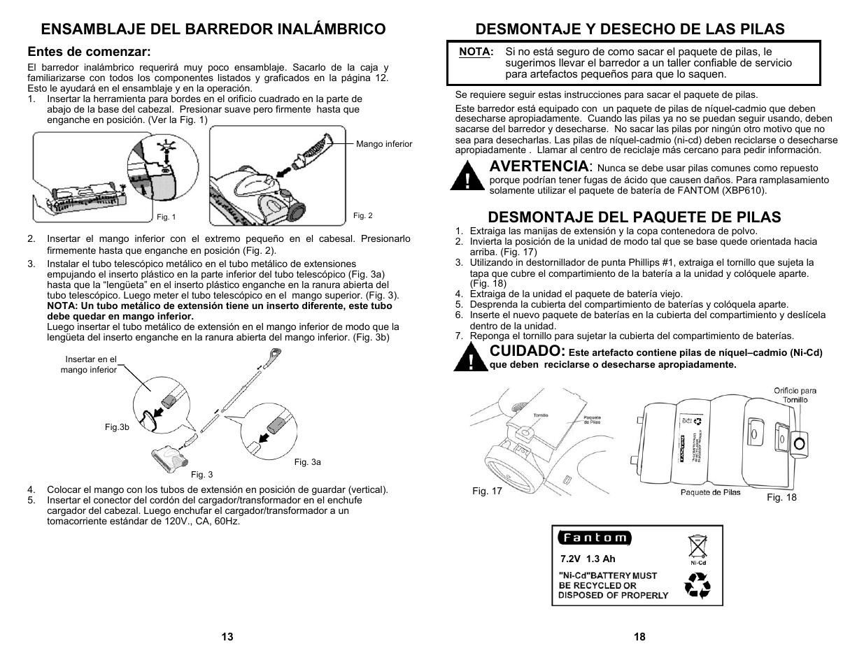 Avertencia, Cuidado, Desmontaje del paquete de pilas | Entes de comenzar | Fantom Vacuum FS835 User Manual | Page 14 / 16