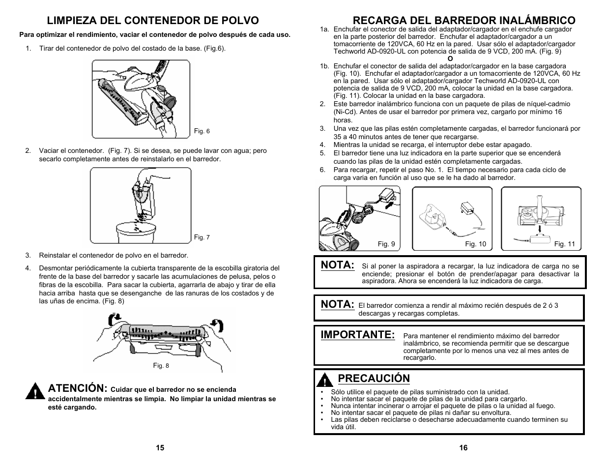 Recarga del barredor inalámbrico, Nota, Importante | Precaución, Atención, Limpieza del contenedor de polvo | Fantom Vacuum FS835 User Manual | Page 16 / 16