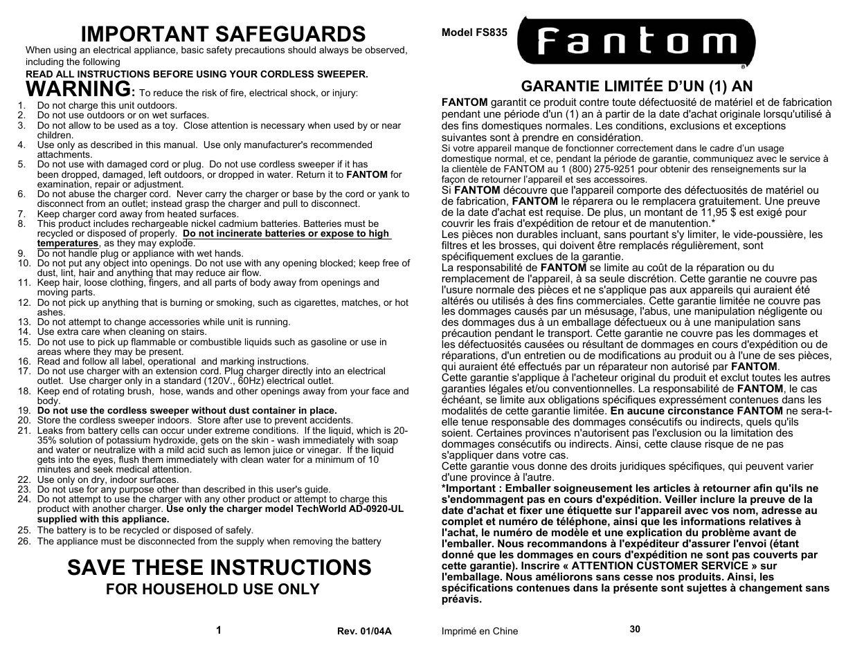Important safeguards, Warning, Save these instructions | Garantie limitée d’un (1) an, For household use only | Fantom Vacuum FS835 User Manual | Page 2 / 16