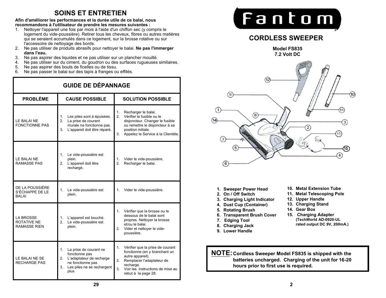 Soins et entretien, Cordless sweeper, Guide de dépannage | Fantom Vacuum FS835 User Manual | Page 3 / 16