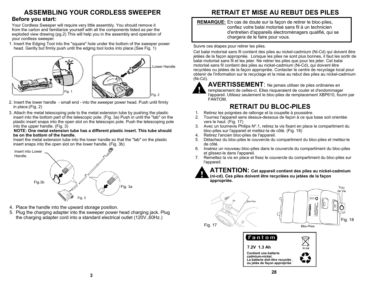 Avertissement, Retrait du bloc-piles, Attention | Before you start | Fantom Vacuum FS835 User Manual | Page 4 / 16