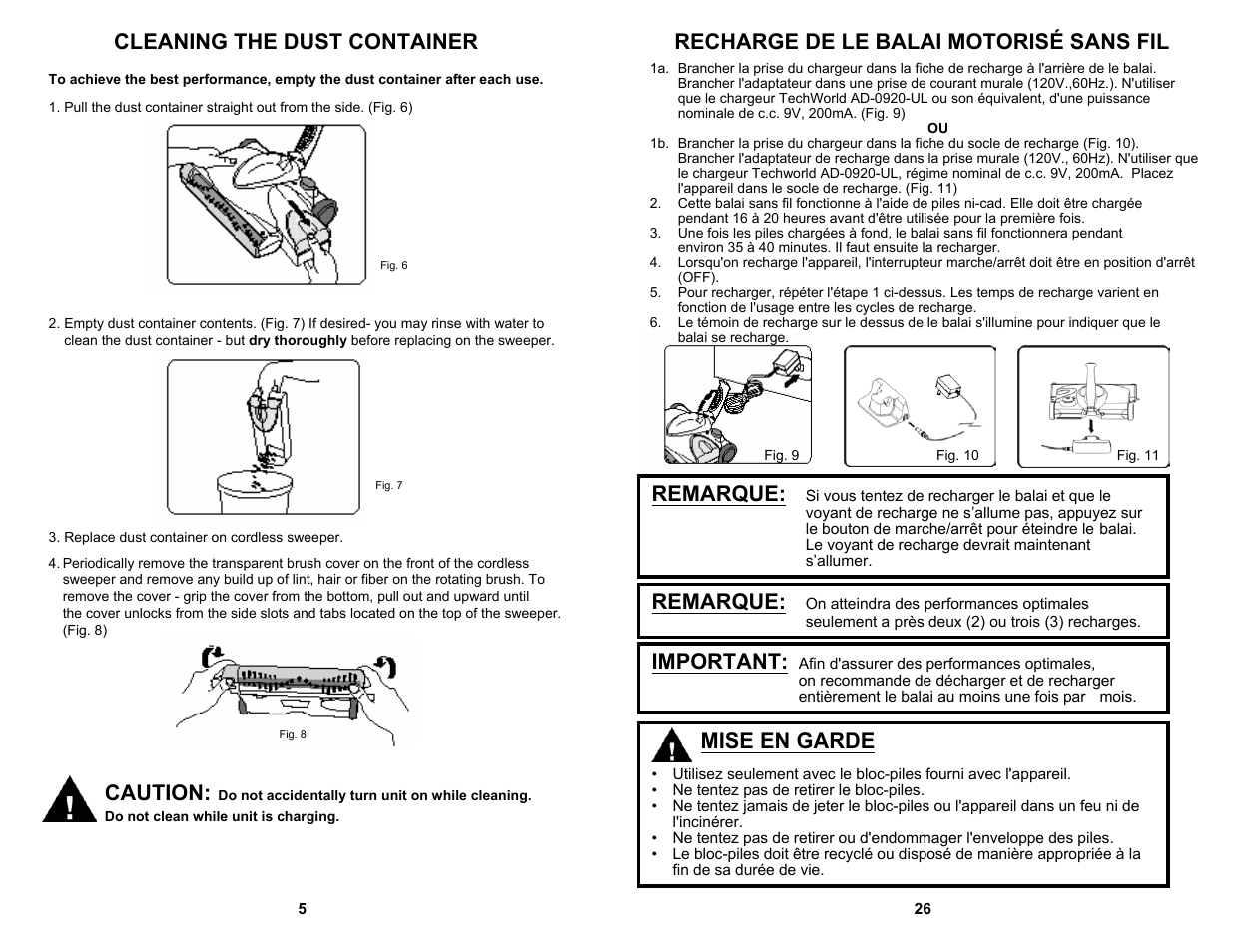 Mise en garde, Caution, Remarque | Important | Fantom Vacuum FS835 User Manual | Page 6 / 16