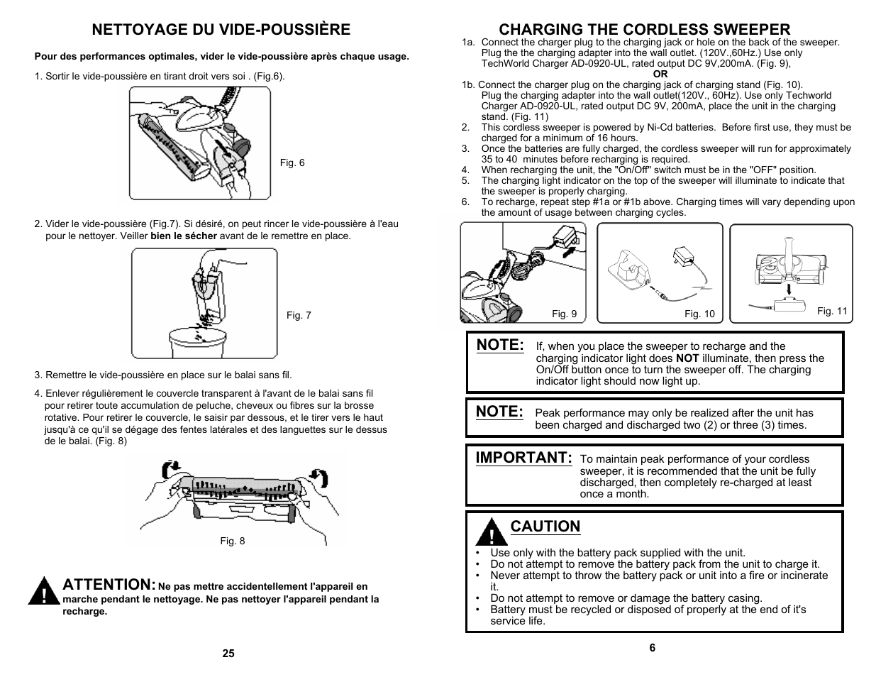 Important, Caution, Attention | Fantom Vacuum FS835 User Manual | Page 7 / 16