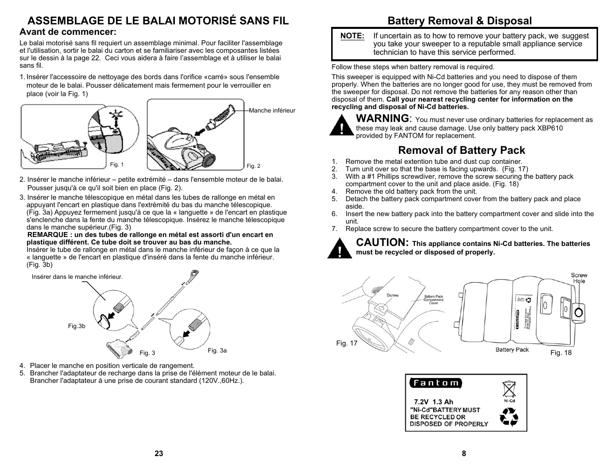 Warning, Removal of battery pack, Caution | Avant de commencer | Fantom Vacuum FS835 User Manual | Page 9 / 16