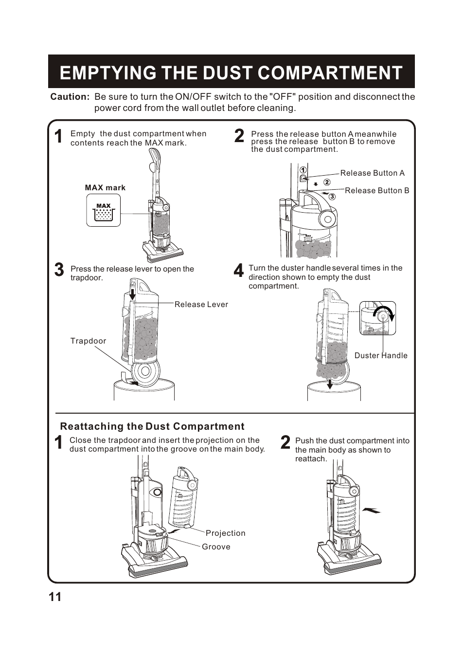 Т³гж 12, Emptying the dust compartment | Fantom Vacuum FM744H User Manual | Page 13 / 21
