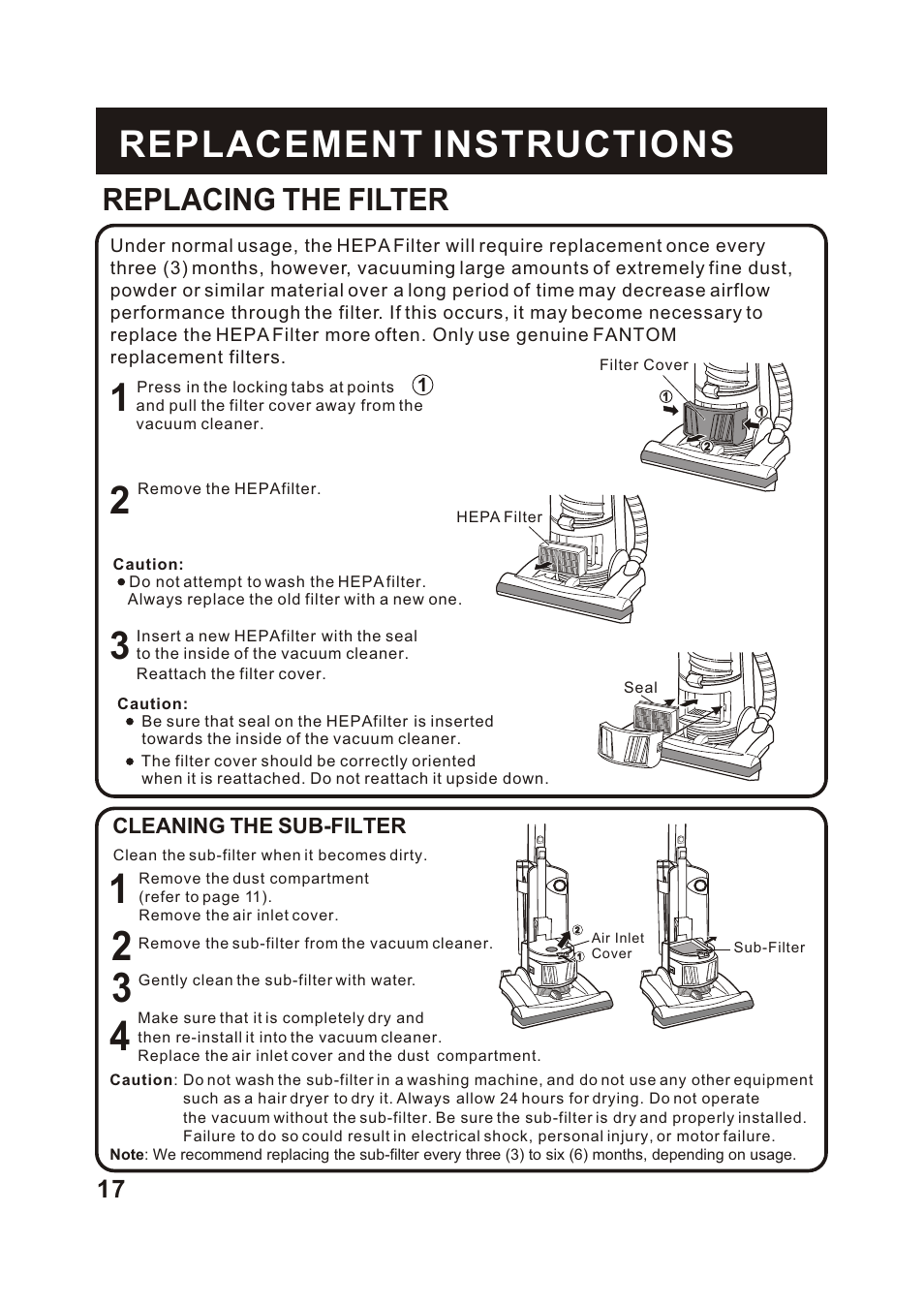 Т³гж 18, Replacement instructions, Replacing the filter | Cleaning the sub-filter | Fantom Vacuum FM744H User Manual | Page 19 / 21